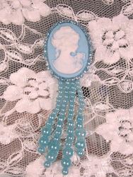 0340  Lt Blue  / Blue Victorian Cameo Dangle Beaded Applique 3.25"