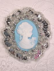 0347  Silver  / Blue Victorian Cameo Sequin Beaded Applique Brooch 2