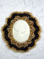 0347  Black Gold / Ivory Victorian Cameo Sequin Beaded Applique Brooch 2"