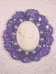 0347  Lavender / Ivory Victorian Cameo Sequin Beaded Applique Brooch  2