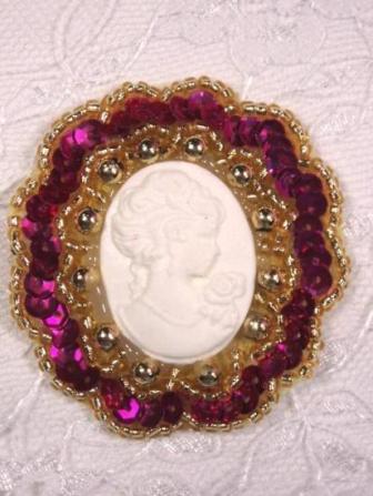 0347  Fuchsia Gold / Ivory Victorian Cameo Sequin Beaded Applique Brooch  2