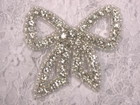 0357  Genuine Rhinestone Bow Beaded Applique 2.75"