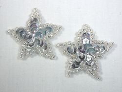 0366  Set of ( 2 ) Silver Star Beaded Sequin Appliques 1"