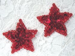 0366  Set of ( 2 ) Red Star Beaded Sequin Appliques 1"