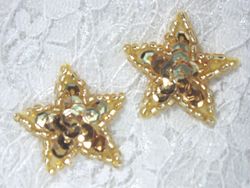 0366  Set of ( 2 ) Gold Star Beaded Sequin Appliques 1"