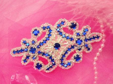 0373  Blue Jewel Silver Beaded Applique 4"