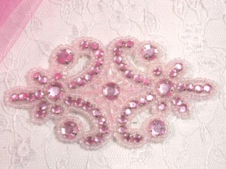 0373  Pink Jewel Beaded Rhinestone Applique 4"