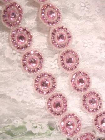 0379  Pink Rhinestone Round Beaded Appliques or Trim 1.25