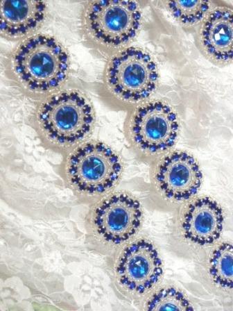 0379  Blue Silver Rhinestone Round Beaded Appliques or Trim 1.25