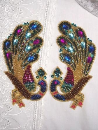 0390 Jewel Peacock Mirror Pair Sequin Beaded Appliques