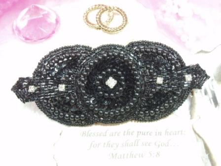 0391  Black Rhinestone Triple Circle  Sequin Beaded Applique  5.5"