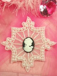 0394  White Pearl Cameo Beaded Applique 4"