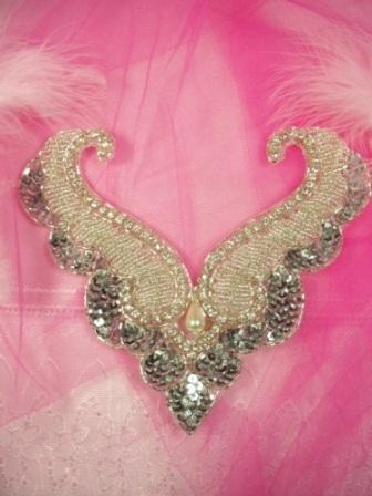 0415  Silver Rhinestone Collar Sequin Beaded Applique 7.5"