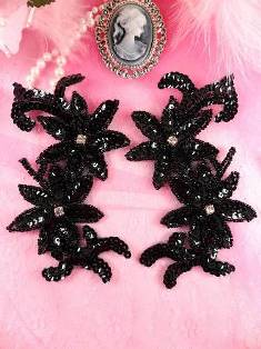 0439  Black Mirror Pair Beaded Sequin Appliques 6"