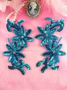 0439 Turquoise Mirror Pair Beaded Sequin Appliques 6"