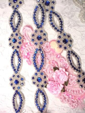 0474  Blue & Silver Rhinestone Jewel Floral Trim 1.25
