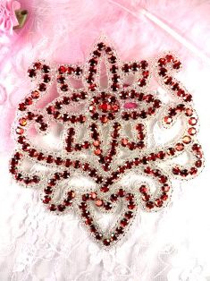0491 Red Silver Jewel Beaded Rhinestone Applique 5"