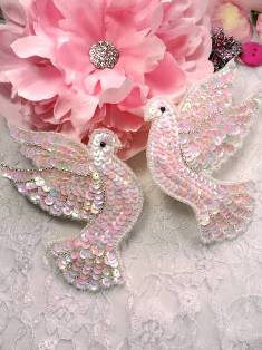 0495 White Dove Mirror Pair Beaded Sequin Appliques