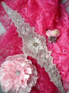 0496 Crystal Clear Sequin Silver Beaded Rhinestone Applique 17.5"