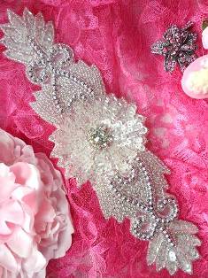 0497 Crystal Clear Sequin Silver Beaded Rhinestone Applique 10"