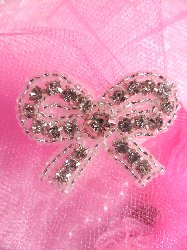0504 Small Bow Crystal Clear Rhinestone Silver Beaded  Applique 1.5"