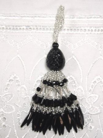E3650 Black & Silver Raindrop Beaded Tassel 3.25"