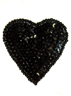 0363  Black Heart Beaded Sequin Applique 2"