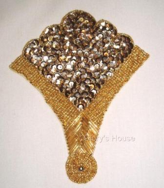 K8618  Gold Fan Epaulet Sequin Beaded Applique 5.75"