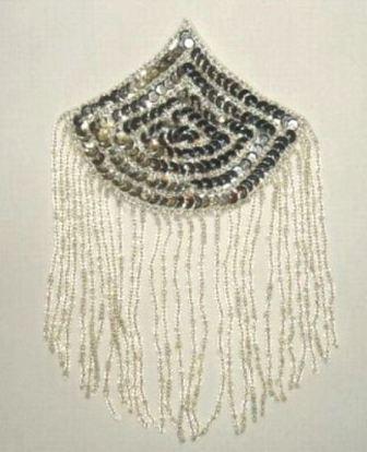 K8104  Silver Epaulet Dangle Sequin Beaded Applique 7"