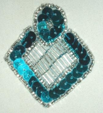 K1194  Turquoise and Silver Diamond Sequin Beaded Applique  2.25"