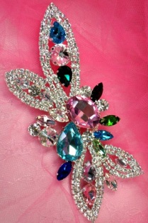 TS73 Silver Glass Multi Color Rhinestone Applique Embellishment  5.75"