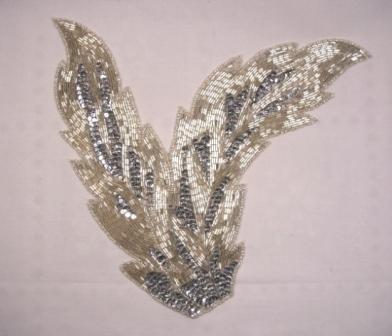 K8408  Silver Leaf Designer Sequin Beaded Applique 11"