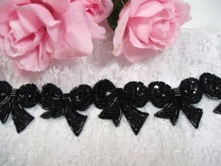 T8623  Black Bow Sequin Beaded Applique or Trim
