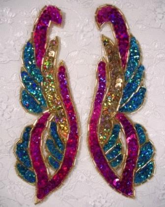 Turquoise & Fuchsia Mirror Pair 6"  Sequin Beaded Appliques  0033