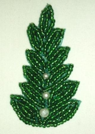 K1397 Green Pearl Leaf Beaded Applique 2.5"