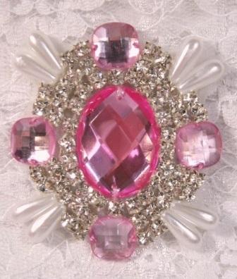 0024 Pink Rhinestone White Pearl Beaded  Applique 2.5"