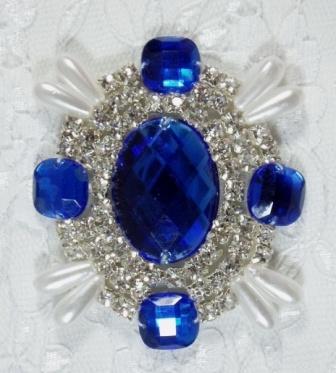 0024 Blue Rhinestone Pearl Beaded  Applique 2.5"