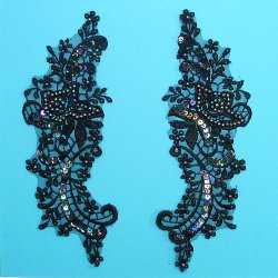 E2108 Black Iris Mirror Pair Venise Lace Beaded Sequin Appliques 7 1/2"