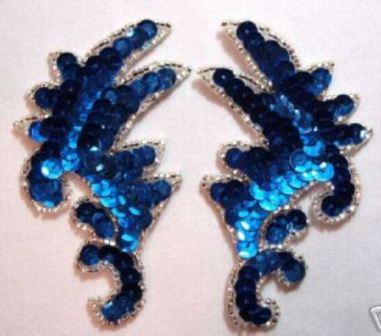 K8256   Blue Mini Claw Pair Sequin Beaded Appliques 3.5"
