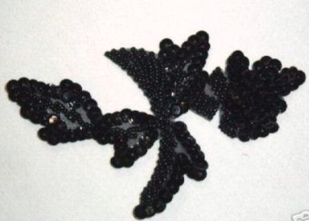 K8277   Black Leaf Designer Sequin Beaded Applique 4.75"