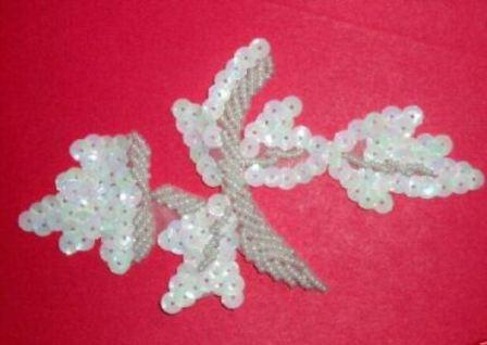 K8277   White AB Leaf Designer Sequin Beaded Applique 4.75"