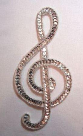 K9304  Lg Silver G Clef Musical note Sequin Beaded Applique 7"