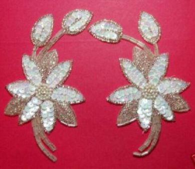K8109   White AB Silver Mirror Pair Sequin Beaded Appliques 5.5"