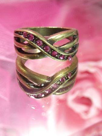 654  Pink Rhinestone Antique Gold Vintage Ring sz. 7.75
