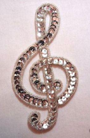 K9304 Sm Silver G Clef Musical note Sequin Beaded Applique 4.75"