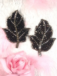 0483  Brown Leaf Mirror Pair Glass Beaded Appliques 4"