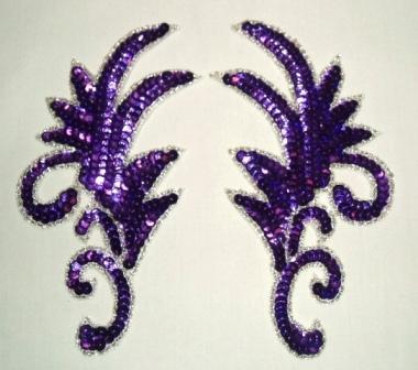K8101 Purple Silver Claw Mirror Pair  6.75" Sequin Beaded Applique