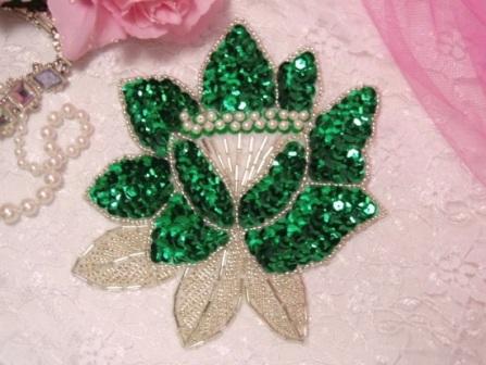 K8108  Kelly Green Rose Sequin Beaded Applique 5.25"