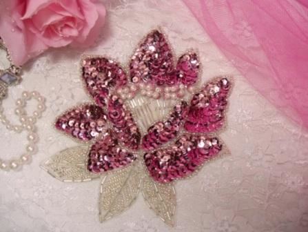 K8108  Mauve Rose Sequin Beaded Applique 5.25"