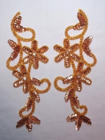 Gold Floral Vine 8" Mirror Pair Sequin Beaded Applique  K8119